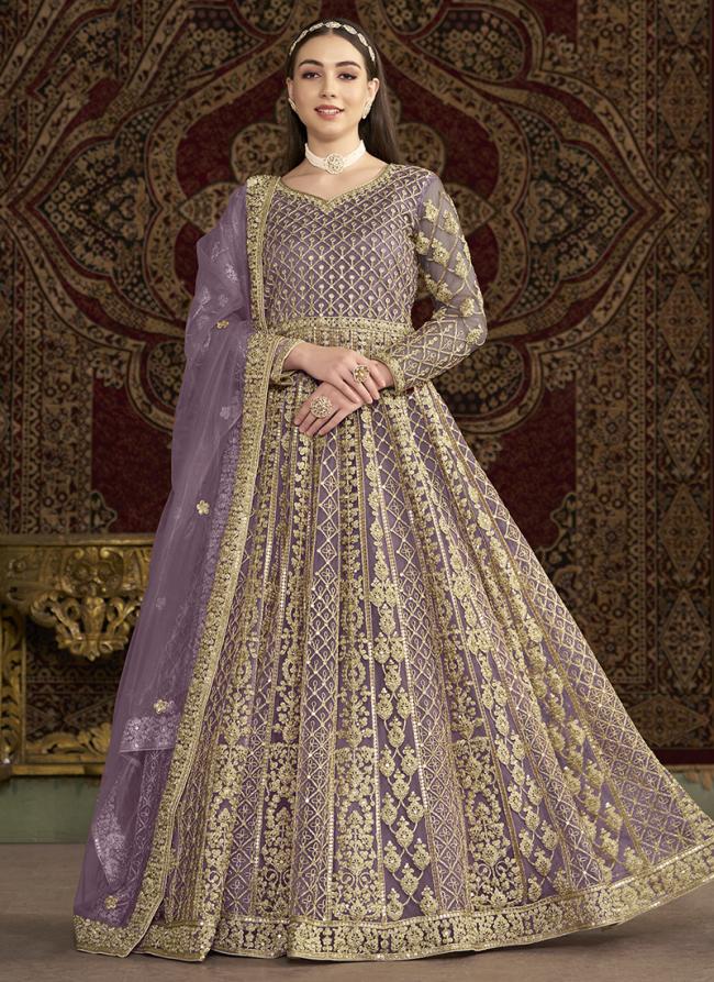 Net Lilac Wedding Wear Embroidery Work Anarkali Suit